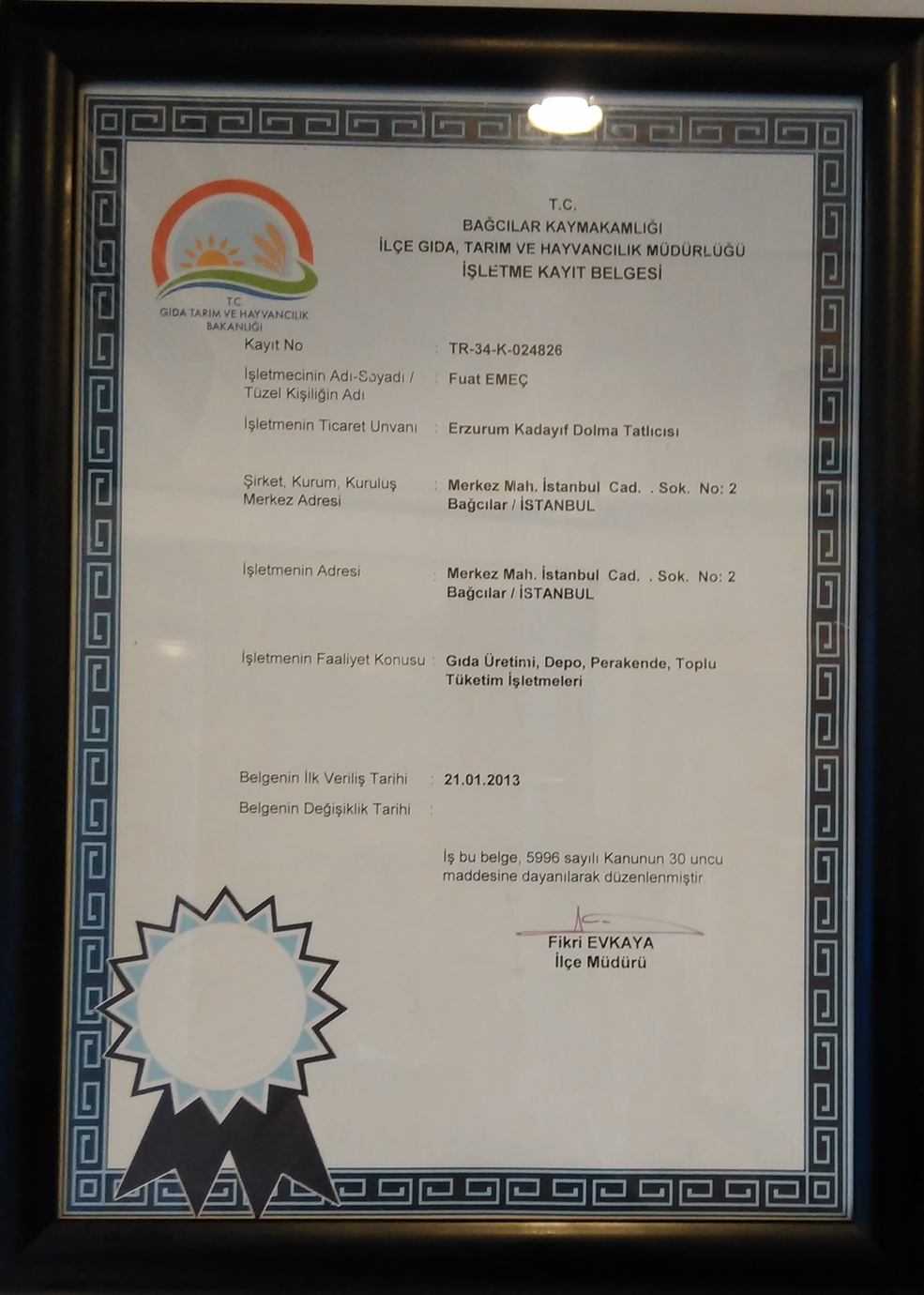 Erzurum Kadayıf Dolma Tatlıcısı Yetki Belgesi